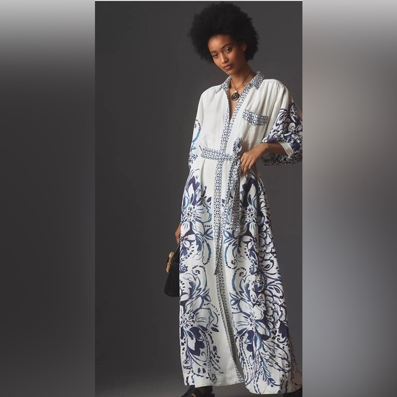 MAEVE by ANTHROPOLOGIE Irene Linen Button Front Belted Maxi Shirt Dress in Blue - Picture 2 of 11